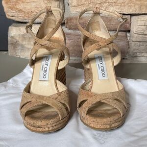 Jimmy Choo Alanah 105 Cork
Platform Wedge Sandals‎ Size 38
Beige Criss Cross